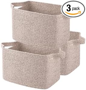 OIAHOMY Storage Basket, Woven Baskets for Storage, Cotton Rope Basket for toys,Towel Baskets for Bathroom - Pack of 3, Pure Brown