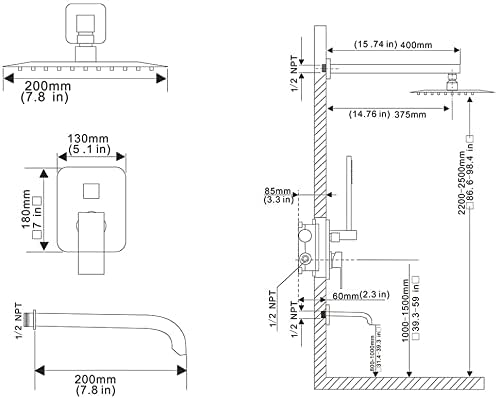 Polished Chrome Shower Faucet Set with Tub Spout Bathroom Luxury Rain Mixer Shower Head System Wall Mounted Shower Faucet Complete, Single Handle Tub and Shower Trim Kit with Rough-in Valve