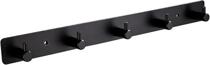 Black Wall Hooks, Matte Black Bathroom Hook Rail, Self Adhesive 5 Hooks Key Hook Rack Hanger Towel Robe Stick Hooks for Toilet Entryway Hallway Kitchen Wall Mounted