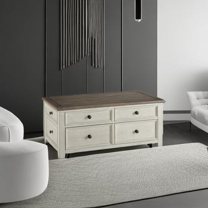 Signature Design by Ashley Bolanburg Farmhouse Lift Top Coffee Table with Drawers, Antique Cream & Brown