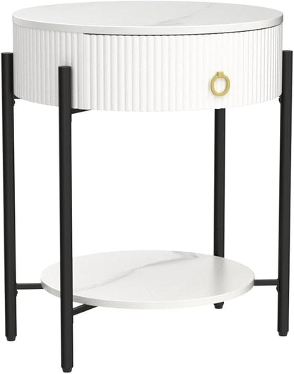 OIOG Round End Table with Drawer, Modern 2 Tier NightStand with Shelf, Small Side Table with Sintered Stone Tabletop for Living Room, Bedroom, Dorm, and Office, Marbling Natural Stone/White