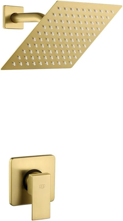 POP SANITARYWARE Shower Faucet Set Brushed Gold Bathroom Rainfall 8 Inch Shower Head System, Single Handle Shower Trim Kit with Rough-in Valve