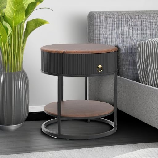 OIOG Round End Table with Drawer, Modern Wood Grain Side Table with Shelf, 2-Tier Nightstand with Drawer for Living Room, Bedroom, Rustic Brown and Black