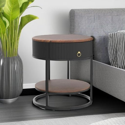OIOG Round End Table with Drawer, Modern Wood Grain Side Table with Shelf, 2-Tier Nightstand with Drawer for Living Room, Bedroom, Rustic Brown and Black
