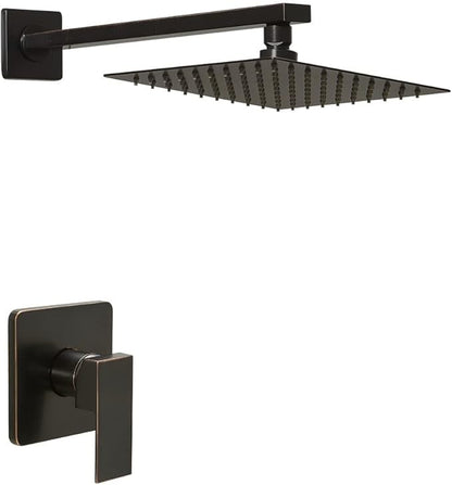 Oil Rubbed Bronze Shower Faucet Set, Single Function Shower Trim Kit with Rough-in Valve, Square Rain Shower Head System Included Extra Long Shower Arm for Bathroom