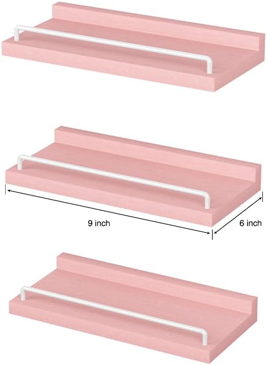 Small Floating Shelf, 6X9 Inches Farmhouse Wall Shelves for Living Room, Bedroom, Picture Frames, Plants, Kitchen, Set of 3 (Pink and White)