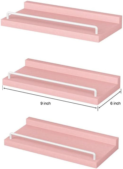 Small Floating Shelf, 6X9 Inches Farmhouse Wall Shelves for Living Room, Bedroom, Picture Frames, Plants, Kitchen, Set of 3 (Pink and White)