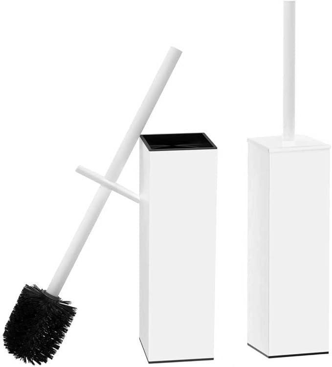RUACQ Toilet Brush and Holder Set 2pcs,Square Toilet Bowl Brush for Bathroom with 304 Stainless Steel Handle Toilet Cleaner Brush with Durable Scrubbing Bristles,Splash-Proof (White)