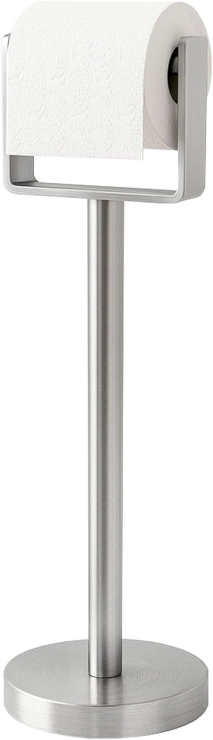 YUMORE Toilet Paper Holder Free Standing, Stainless Steel Toilet Paper Stand, Weighted Base Floor Tissue Roll Holder for Bathroom, Brushed Nickel 200UP