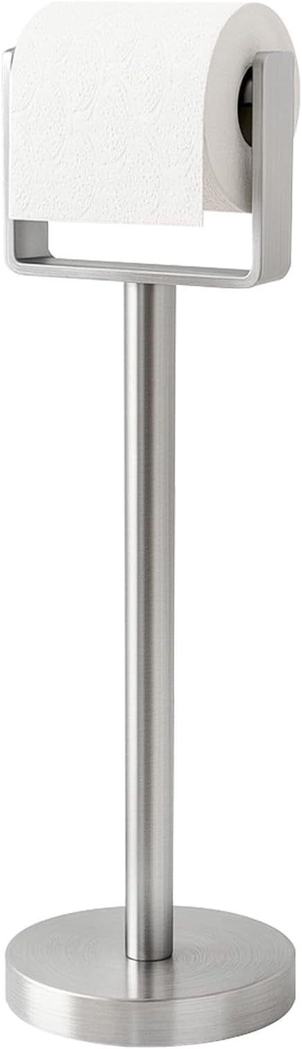 YUMORE Toilet Paper Holder Free Standing, Stainless Steel Toilet Paper Stand, Weighted Base Floor Tissue Roll Holder for Bathroom, Brushed Nickel 200UP