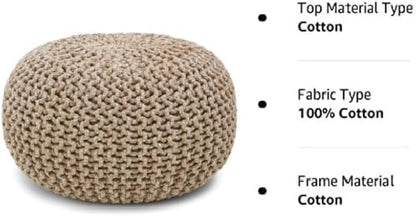 REDEARTH Round Pouf Ottoman - Hand Knitted Cable Boho Poof Home Décor Pouffe Circular Footrest for Living Room - Nursery - Bedroom - Lounge 100% Cotton (19.5"x19.5"x14") - Beige Ivory