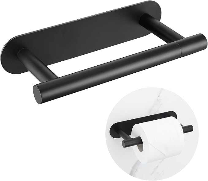 Self Adhesive Matte Black Toilet Paper Holder, SUS304 Stainless Steel Toilet Roll Holder, Double Base Paper Towel Holder Wall Mount No Drilling for Bathroom, Kitchen, Washroom