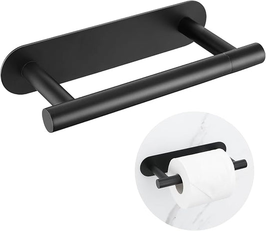 Self Adhesive Matte Black Toilet Paper Holder, SUS304 Stainless Steel Toilet Roll Holder, Double Base Paper Towel Holder Wall Mount No Drilling for Bathroom, Kitchen, Washroom