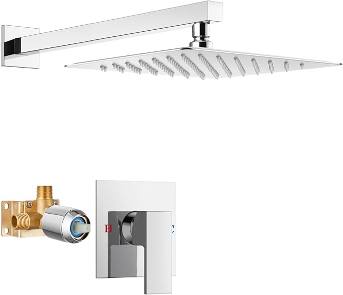 Airuida Shower Faucet Set Bathroom Rain Shower System SUS304 Stainless Steel Single Handle With Male Threads Rough-in Valve Shower Trim Kit 10 Inch Wall Mount Shower Head Chrome Polish