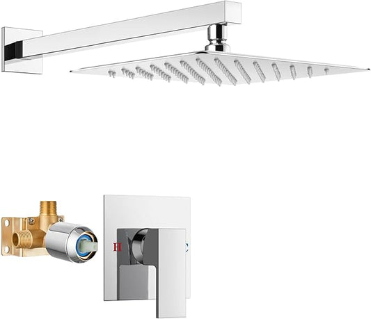 Airuida Shower Faucet Set Bathroom Rain Shower System SUS304 Stainless Steel Single Handle With Male Threads Rough-in Valve Shower Trim Kit 10 Inch Wall Mount Shower Head Chrome Polish