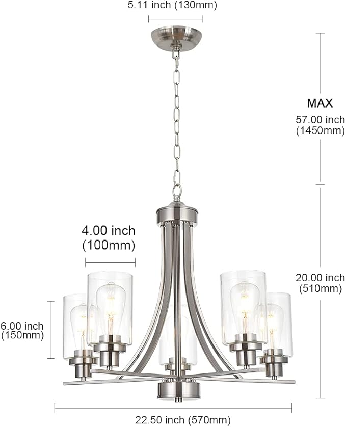 BONLICHT Traditional Chandelier Lighting 5 Light Brushed Nickel Modern Light Fixtures Hanging Pendant Lighting with Clear Glass Shade Classic Ceiling Lights for Kitchen Dining Room Living Room Island