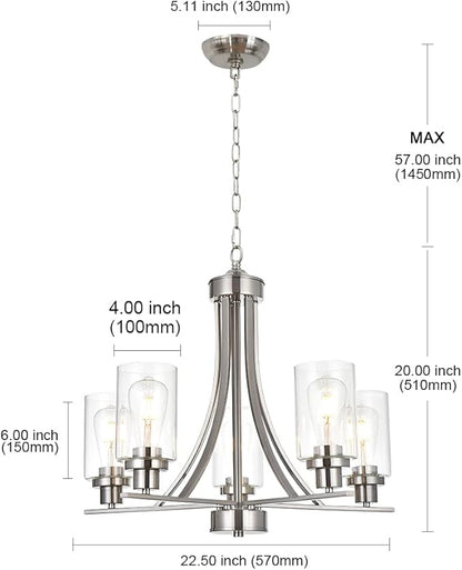 BONLICHT Traditional Chandelier Lighting 5 Light Brushed Nickel Modern Light Fixtures Hanging Pendant Lighting with Clear Glass Shade Classic Ceiling Lights for Kitchen Dining Room Living Room Island