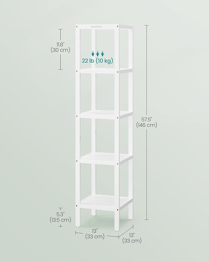 SONGMICS Bamboo Storage Shelf, 5-Tier Shelving Unit, Multifunctional, in The Entryway, Bathroom, Living Room, Balcony, Kitchen, 13 x 13 x 57.5 Inches, Cloud White UBCB055W01