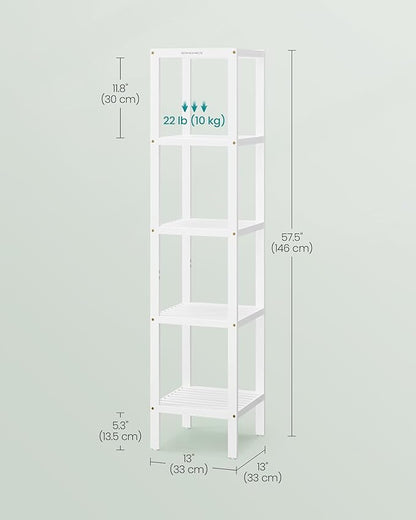 SONGMICS Bamboo Storage Shelf, 5-Tier Shelving Unit, Multifunctional, in The Entryway, Bathroom, Living Room, Balcony, Kitchen, 13 x 13 x 57.5 Inches, Cloud White UBCB055W01