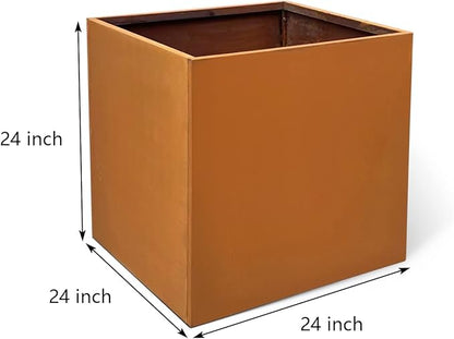 Corten Steel Planter Box Large Outdoor Planter Square Cube Planters Rustic Metal Garden Flower Pot 24 Inch Durable Antique Detached for Commercial Residential Patio Deck and Yard