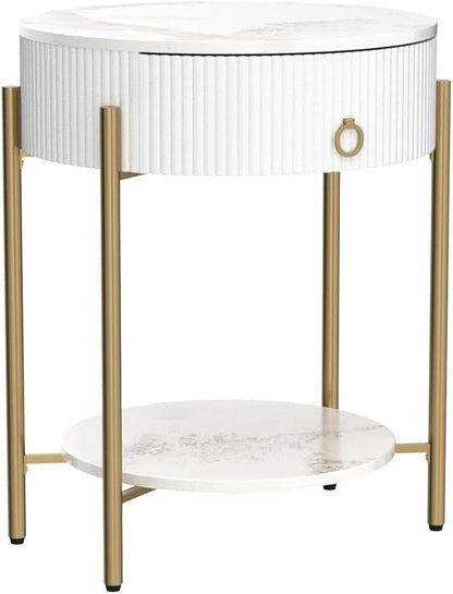 OIOG Modern End Table with Storage Drawer, Round 2-Tier Nightstand with Shelf, Gold Side Table with Metal Legs for Living Room, Bedroom, Office, Marbling Natural Stone/Gold