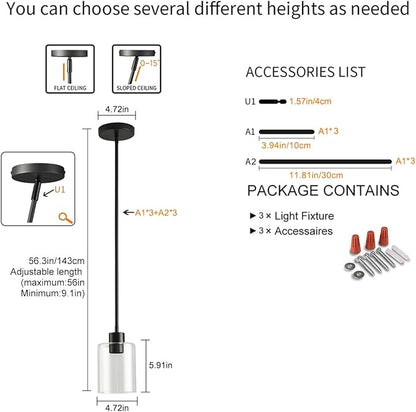 Black Pendant Lights Kitchen Island - Seeded Glass Pendant Light Fixture Multiple Stems Rods (3 Pack with Rod seeded Glass)