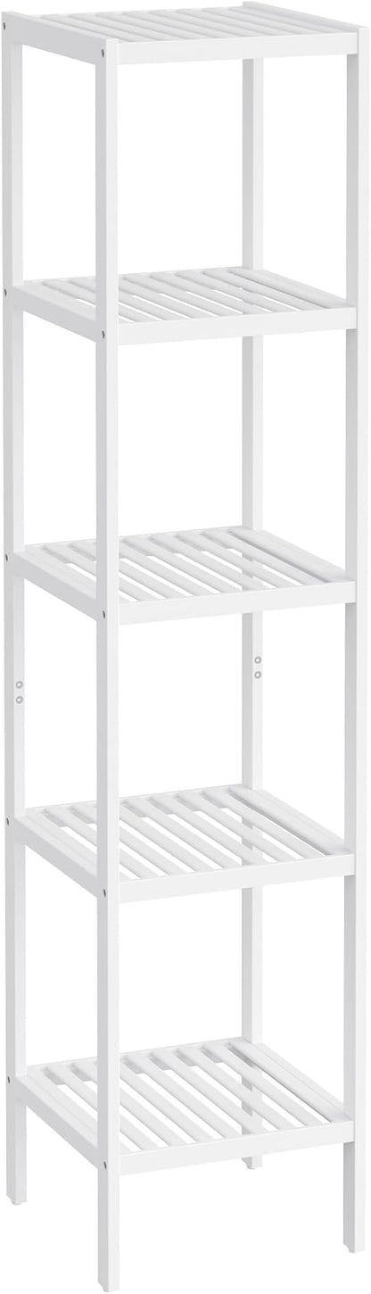 SONGMICS Bamboo Storage Shelf, 5-Tier Shelving Unit, Multifunctional, in The Entryway, Bathroom, Living Room, Balcony, Kitchen, 13 x 13 x 57.5 Inches, Cloud White UBCB055W01
