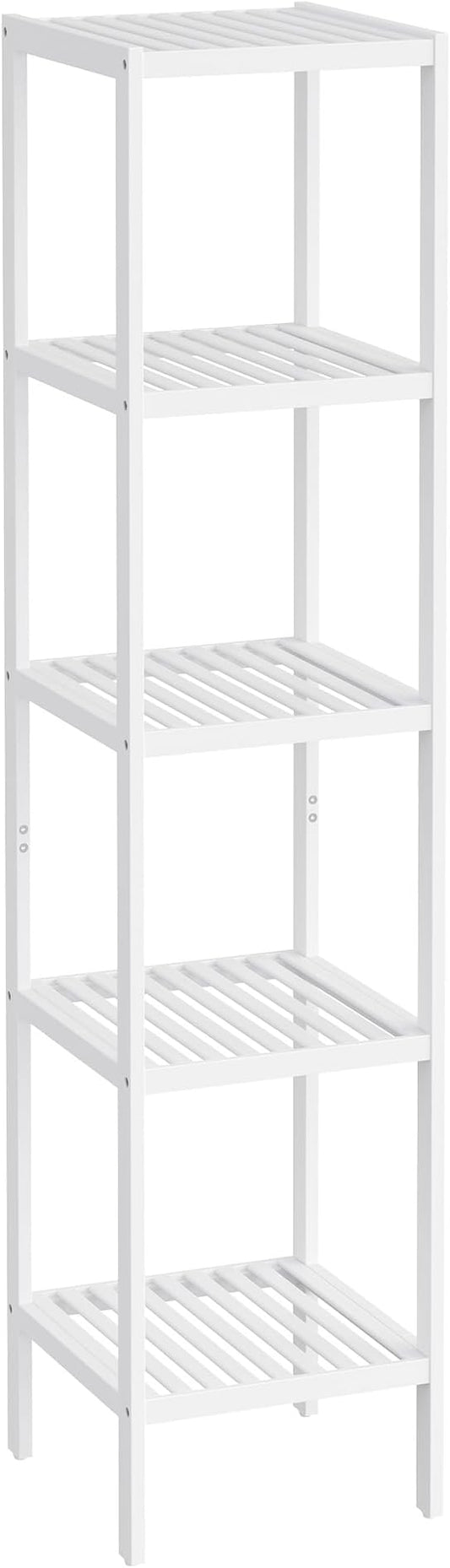 SONGMICS Bamboo Storage Shelf, 5-Tier Shelving Unit, Multifunctional, in The Entryway, Bathroom, Living Room, Balcony, Kitchen, 13 x 13 x 57.5 Inches, Cloud White UBCB055W01