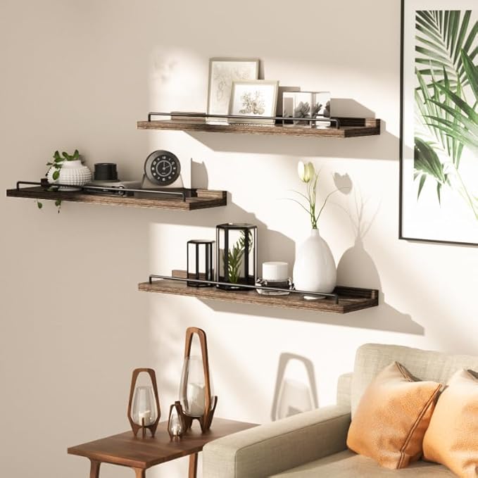 22 inches Long Floating Shelves, Bathroom Decor Shelves Over Toilet, Farmhouse Wall Shelves for Living Room, Bedroom, Picture Frames, Plants, Kitchen, Set of 3 (Brown)