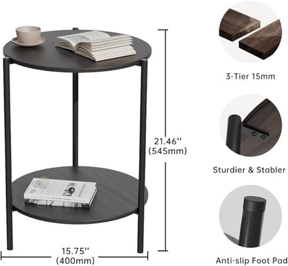 Side Table, Round End Table with 2-Layer Storage Rack, 15.7" Small Spaces Circle Table, Metal Frame Design Small Side Tables, for Living Room, Bedroom, Grey