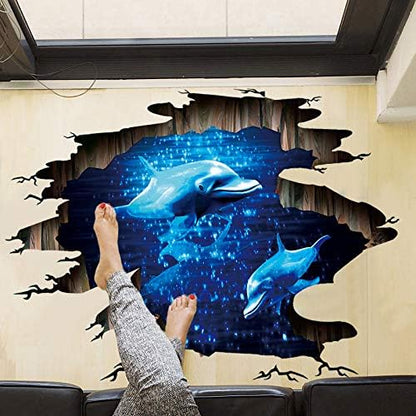 Quanhaigou 3D Wall Decals Stickers Wall Murals Wallpaper Decor for Home Floor Living Room (Blue Dolphin)