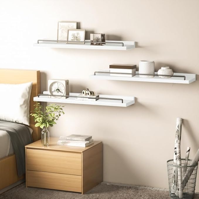 22 inches Long Floating Shelves, Bathroom Decor Shelves Over Toilet, Farmhouse Wall Shelves for Living Room, Bedroom, Picture Frames, Plants, Kitchen, Set of 3 (White and Black)