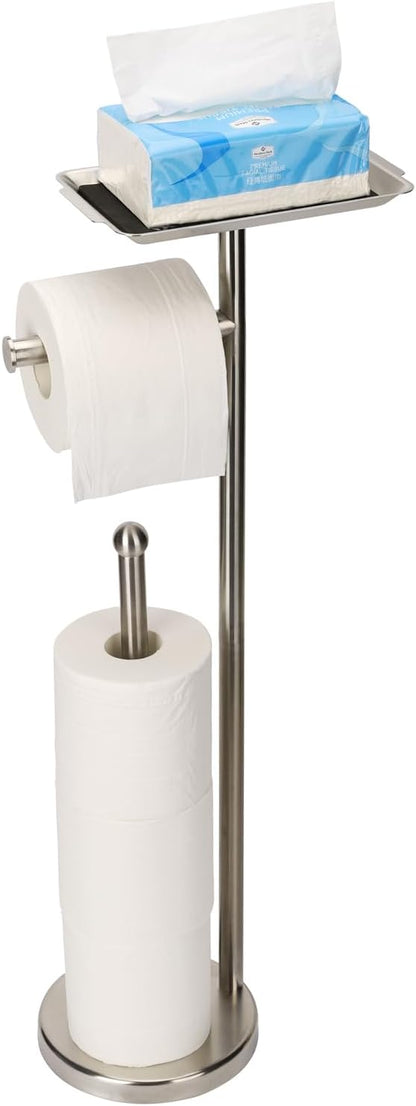 Toilet Paper Holder Stand for Bathroom Floor Freestanding Toilet Roll Dispenser Storages 4 Reserve Rolls, with Top Storage Shelf for Cell Phone (Brushed Nickel)
