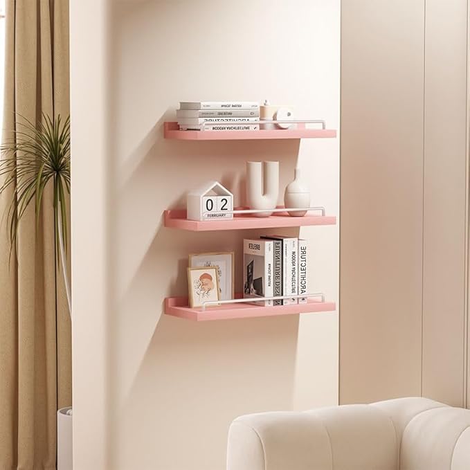 Small Floating Shelf, 6X9 Inches Farmhouse Wall Shelves for Living Room, Bedroom, Picture Frames, Plants, Kitchen, Set of 3 (Pink and White)