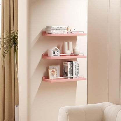 Small Floating Shelf, 6X9 Inches Farmhouse Wall Shelves for Living Room, Bedroom, Picture Frames, Plants, Kitchen, Set of 3 (Pink and White)