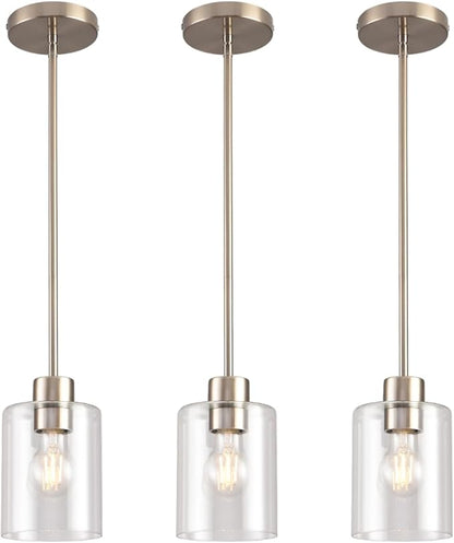 Brushed Nickel Pendant Lights Kitchen Island - Clear Glass Pendant Light Fixture Multiple Stems Rods 3 Units 12 Inch 3 Units 4 Inch (3 Pack Brushed Nickel)
