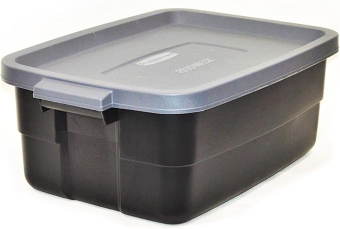 Rubbermaid Roughneck Tote 10 Gal, 6 Pack, Made in USA, Black & Gray, Rugged Plastic Stackable Storage Bins with Lids and Handles