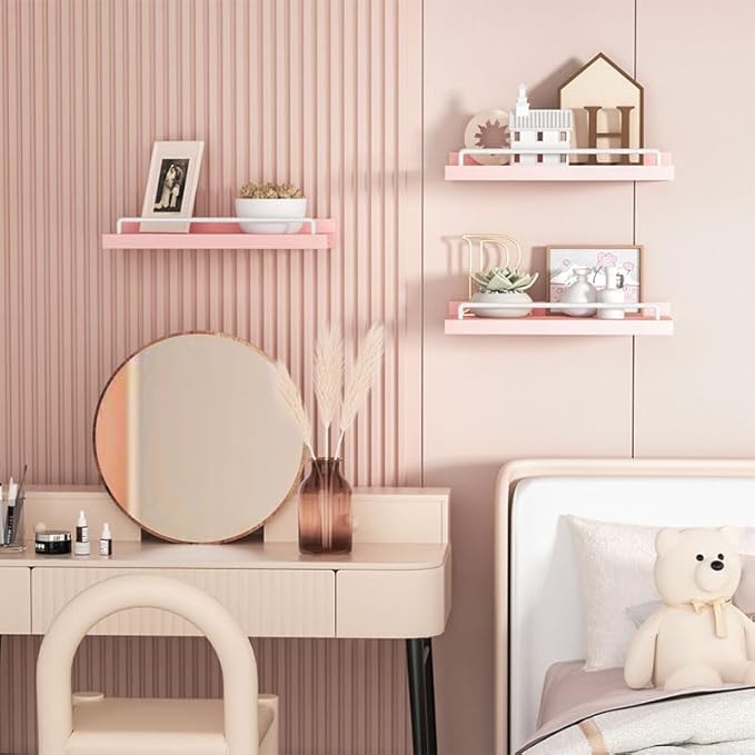 Small Floating Shelf, 6X9 Inches Farmhouse Wall Shelves for Living Room, Bedroom, Picture Frames, Plants, Kitchen, Set of 3 (Pink and White)