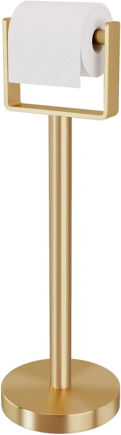 YUMORE Toilet Paper Holder Free Standing, Stainless Steel Toilet Paper Stand, Weighted Base Floor Tissue Roll Holder for Bathroom,Gold 200UP