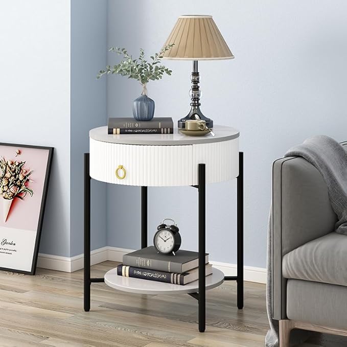 OIOG Round End Table with Drawer, Modern 2 Tier NightStand with Shelf, Small Side Table with Sintered Stone Tabletop for Living Room, Bedroom, Dorm, and Office, Marbling Natural Stone/White