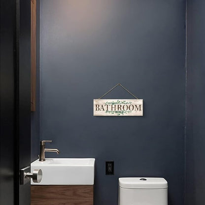 Bathroom Sign Wall Decor, Bathroom Wall Art with Plant Print, Rustic Farmhouse Wall Hanging Plaque Home Kitchen Decorative Bathroom, 4.7 x 13.7 inches