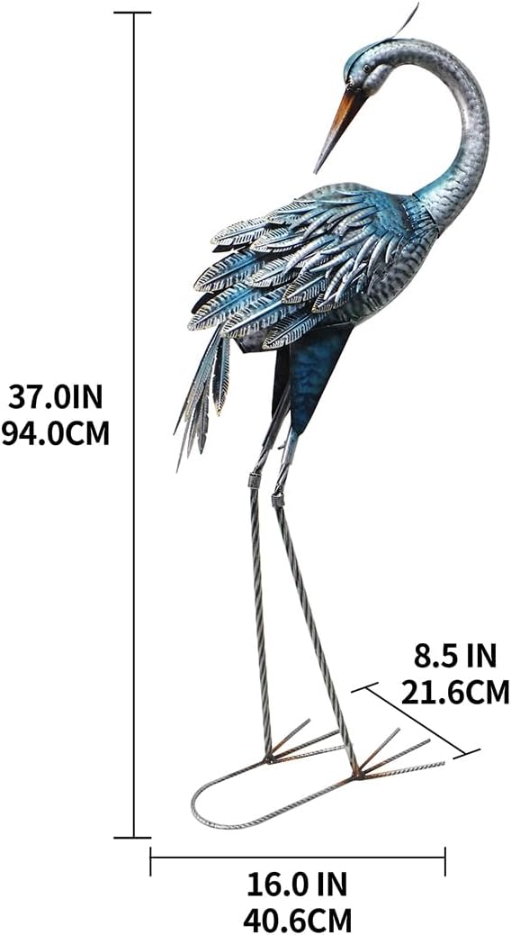 37 Inch Blue Heron Crane Statue, Metal Yard Art Outdoor Decoy, Garden Sculpture for Lawn/Pond Decoration, 1Pc, ORTBL-CR24053A-18