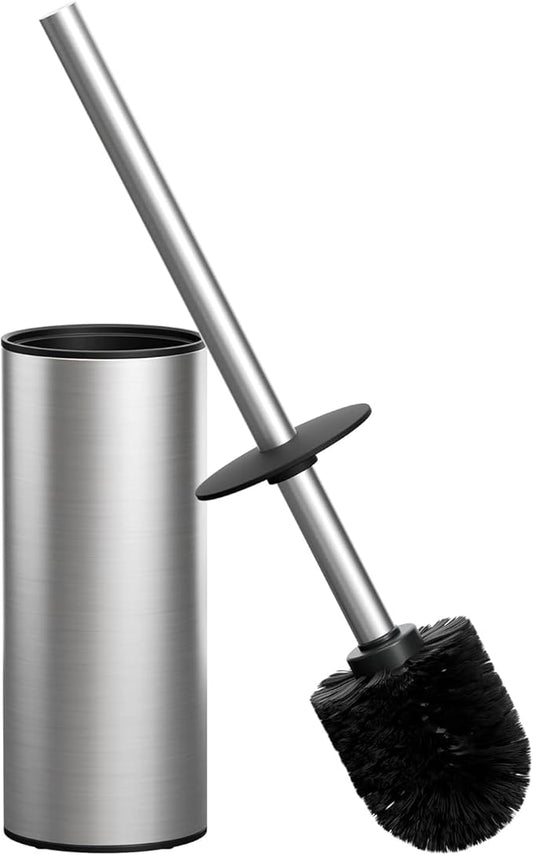 Toilet Brush and Holder Set, NEWRAIN Stainless Steel Toilet Brush with Long Brush Handle, Brushed Nickel Toilet Scrubber and Covered Holder, Round Design Sturdy and Space Saving, Covered Brush