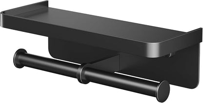 Double Toilet Paper Holder with Shelf, Commercial Toilet Paper Towel Holder Wall Mount, Tissue Roll Holder for Bathroom Kitchen RV, Double Tissue Roll Rack with Adhesive & Screw (Matte Black)