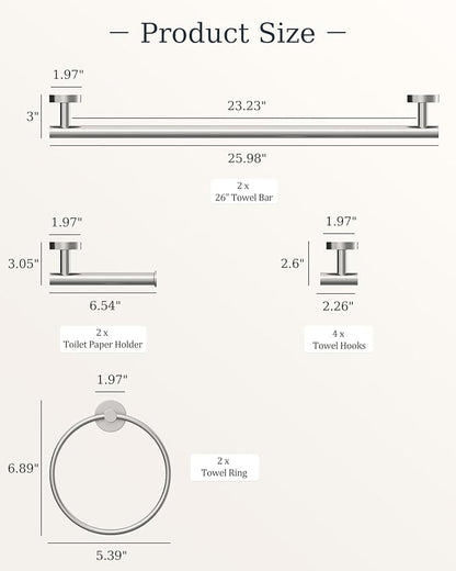 Brushed Ncikel Bathroom Hardware Set 10 Pieces, Stainless Steel Towel Bar Set Includes 26 inch Towel Bar, 4 Towel Hook, 2 Towel Ring Toilet Paper Holder