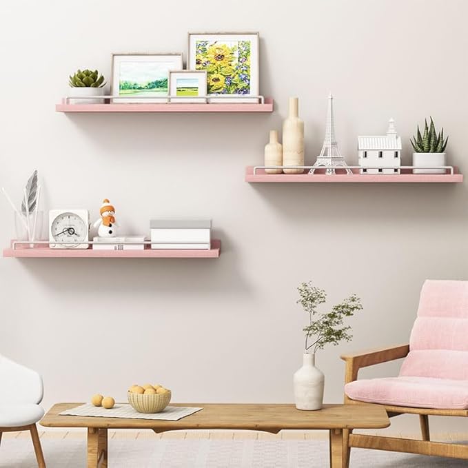 22 inches Long Floating Shelves, Bathroom Decor Shelves Over Toilet, Farmhouse Wall Shelves for Living Room, Bedroom, Picture Frames, Plants, Kitchen, Set of 3 (Pink and White)