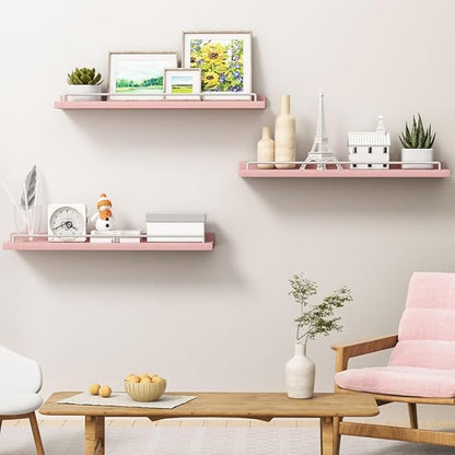 22 inches Long Floating Shelves, Bathroom Decor Shelves Over Toilet, Farmhouse Wall Shelves for Living Room, Bedroom, Picture Frames, Plants, Kitchen, Set of 3 (Pink and White)
