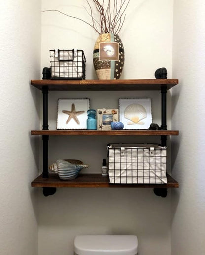 DR.IRON Industrial Pipe Shelving 3 Tiers Wall Mount, Rustic Storage Shelves, Retro Bathroom Shelving (Black, 32" L)