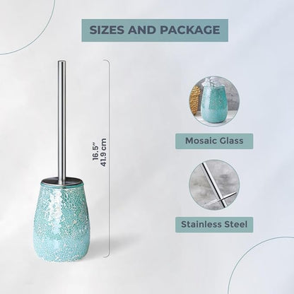 Turquoise Green Toilet Brush and Holder Set Mosaic Glass | Non-Rustic Stainless Steel | Practical & Decorative Toilet Bowl Brush and Holder | Luxury Green Bathroom Accessories