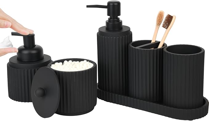 Black Bathroom Accessories Set 6 Pcs - Toothbrush Holder,Lotion Soap Dispenser,Foaming Soap Dispenser,Qtip Holder Dispensers,Vanity Tray,Bathroom Tumbler - Countertop Organizer-Bathroom Accessory Set